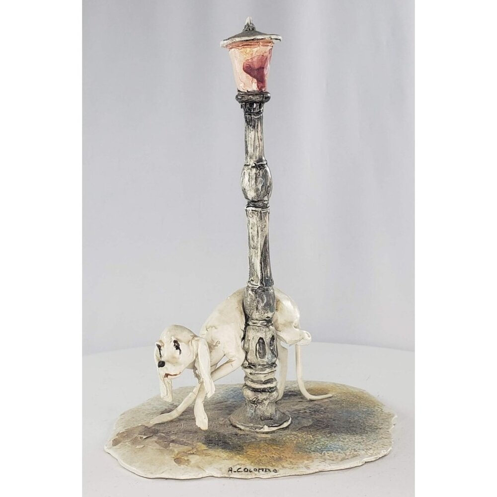 Rare Italian Lo Scricciolo Pottery Dog Peeing Lamppost Figurine A Colombo AS IS